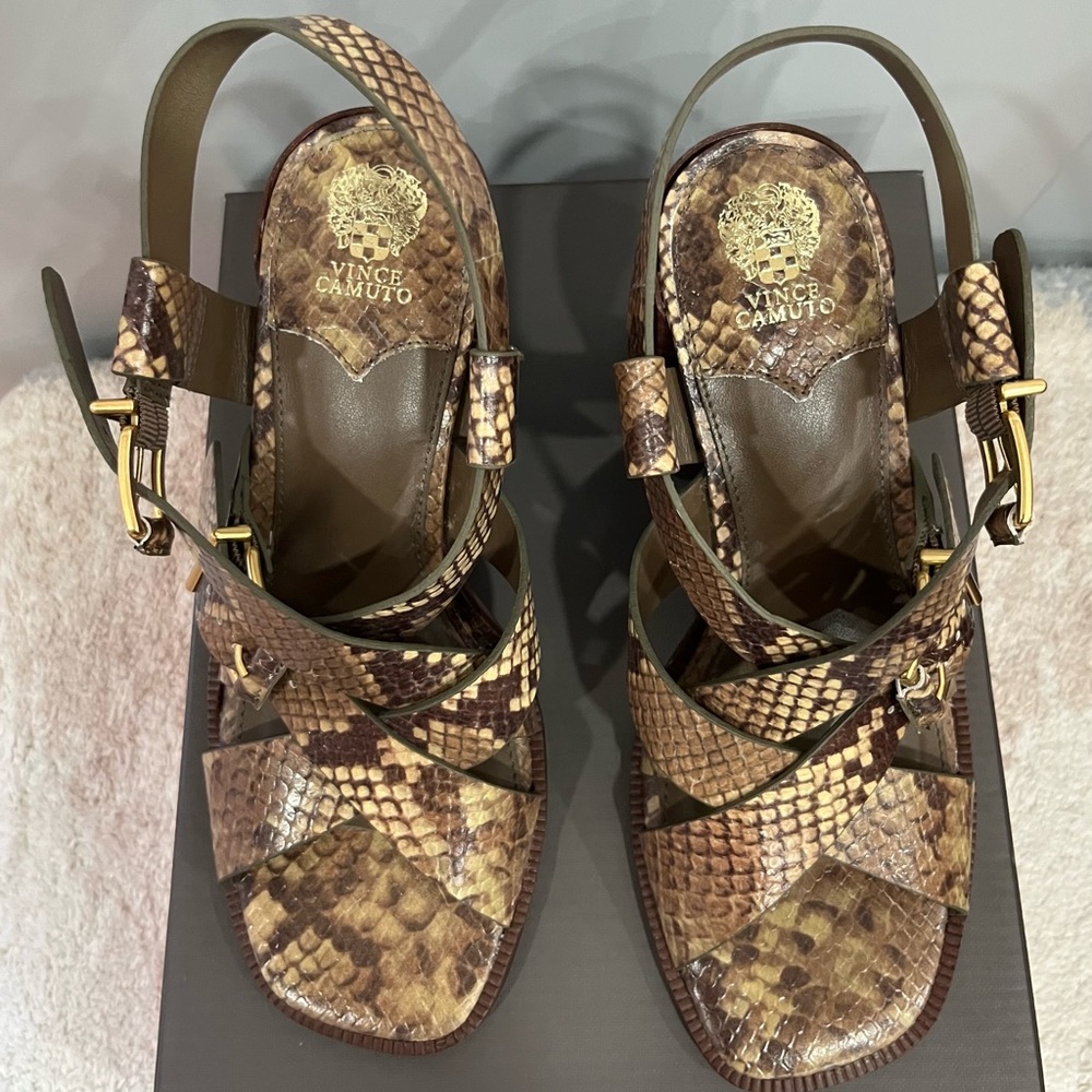 Vince Camuto Brown Snake-Print Buckle Block Heel Sandals - Picture 2 of 8